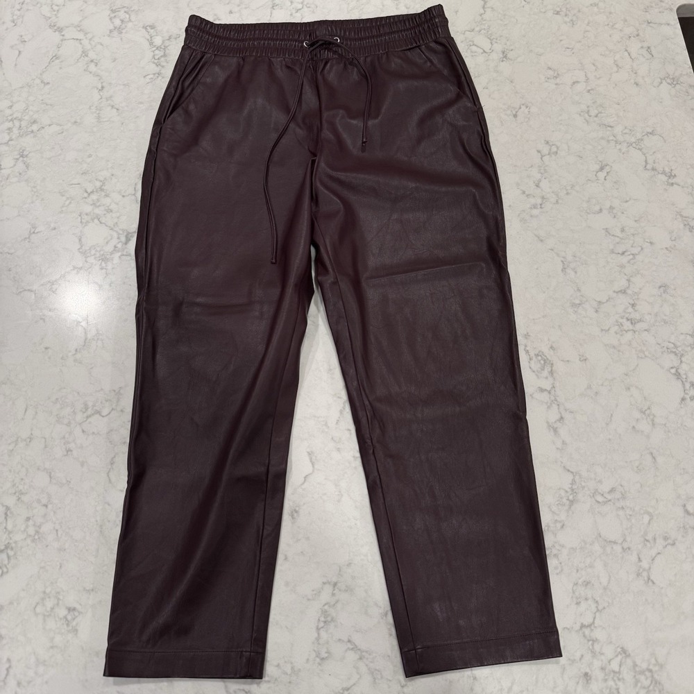 LOFT Faux Leather Pants Size L Burgundy Plum High-Waisted Taper Fit Pull On